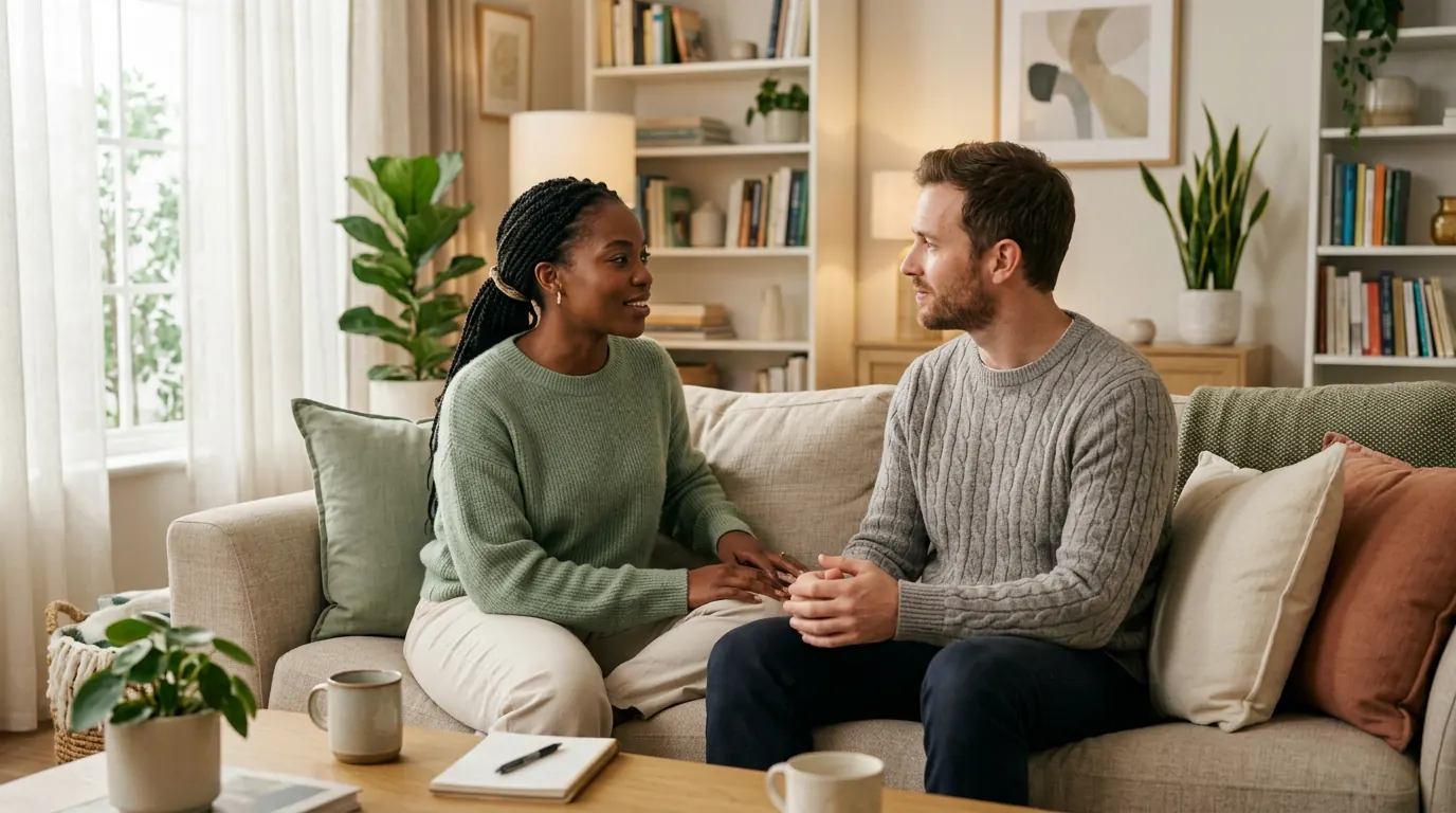 A couple sitting together on a sofa in calm, warm conversation