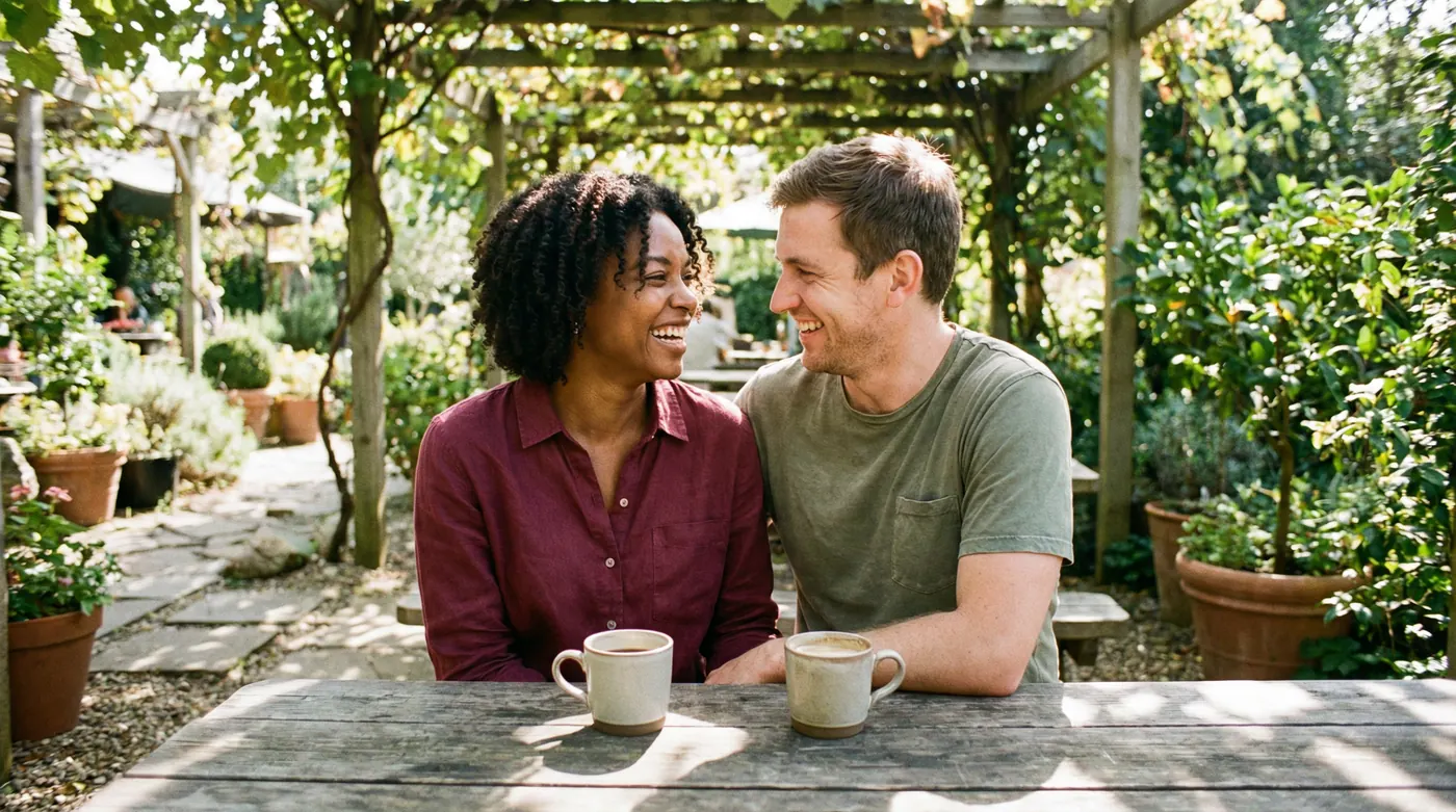 A Black woman in a burgundy linen shirt and a white man in a faded olive t-shirt laughing together at an outdoor wooden table with coffee cups between them, dappled sunlight filtering through overhead vines