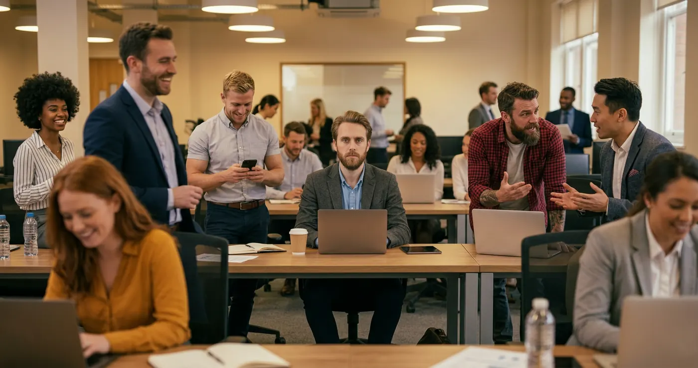 A group of colleagues in a busy open-plan office, engaged and active, representing the demands of modern workplace culture