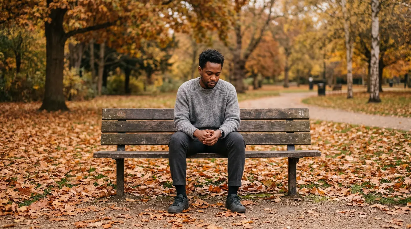 A person sitting alone on a park bench surrounded by autumn leaves, in quiet reflection