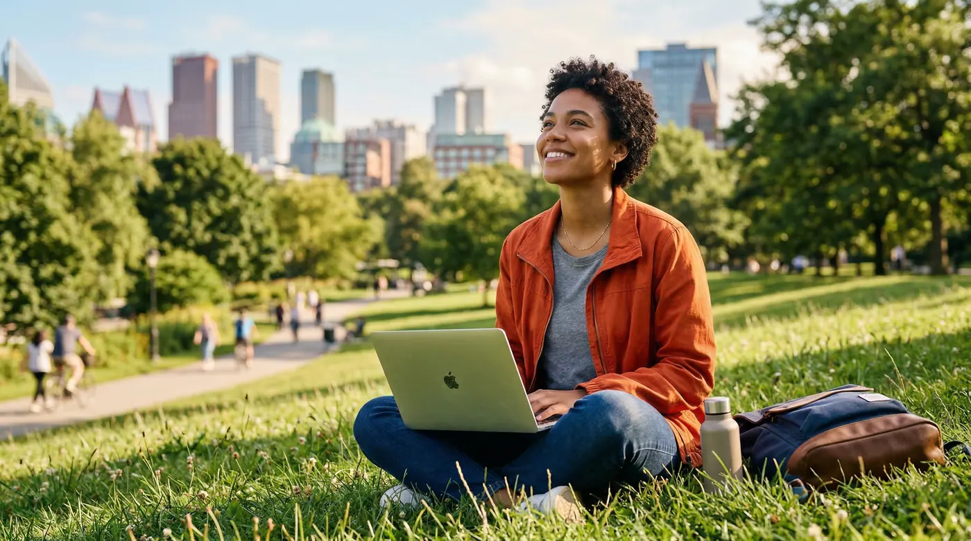 A woman relaxing in a city park, calm and reflective expression in soft daylight