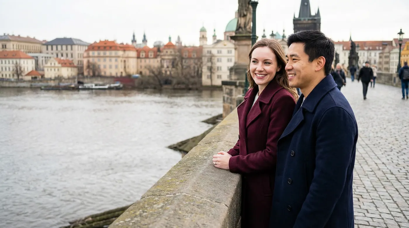 A couple standing on a bridge overlooking a Central European cityscape, calm and reflective in soft afternoon light