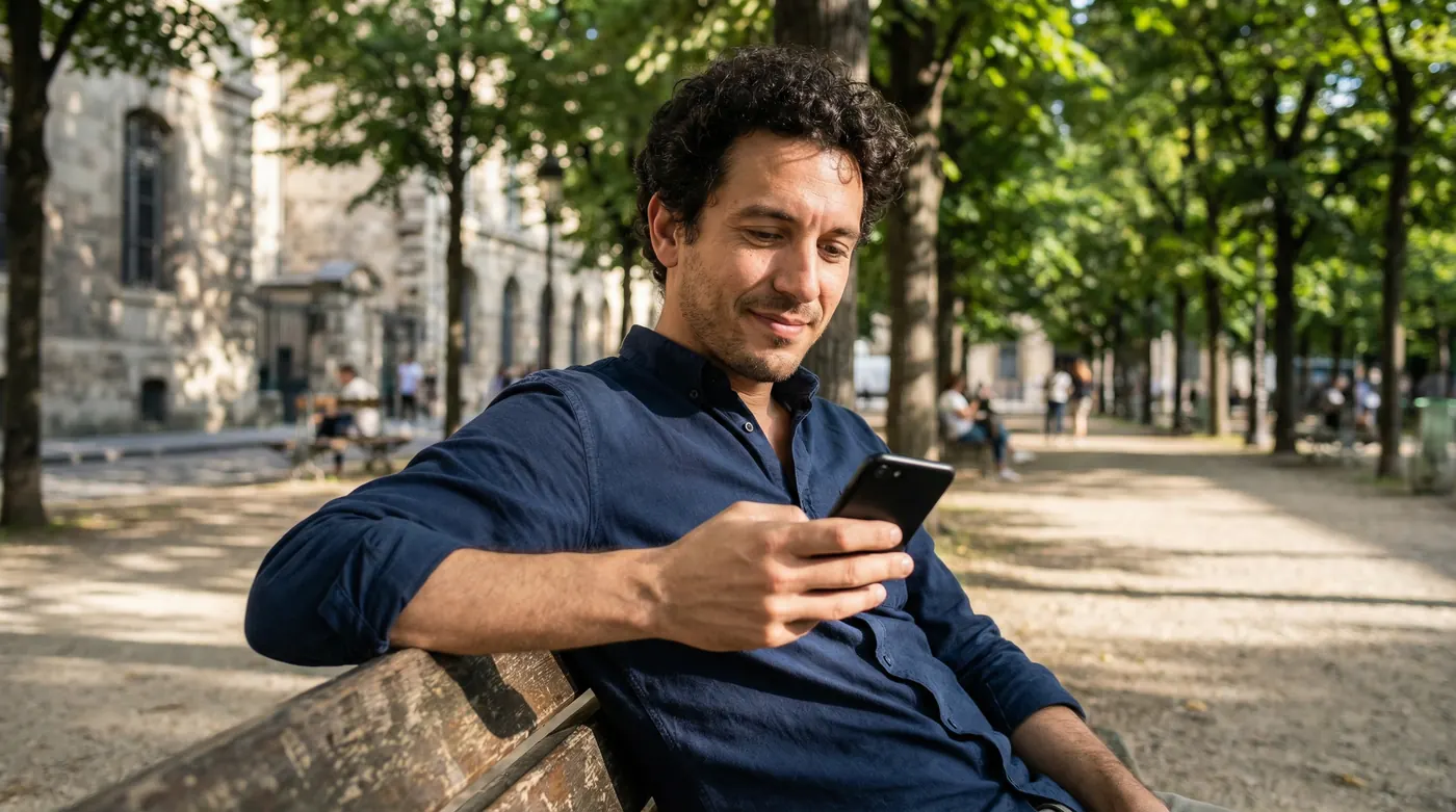 A mixed-race man sitting on a park bench looking thoughtfully at his phone, calm expression in soft daylight