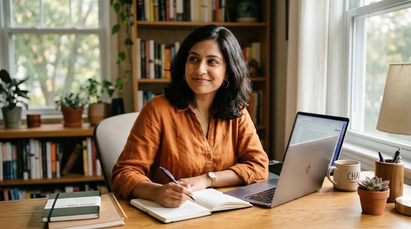A South Asian woman in a warm rust-orange blouse sitting at a sunlit wooden desk with open notebooks and a laptop, pausing with a relaxed and thoughtful expression in soft morning window light