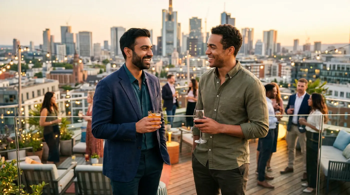 Two men, one South Asian and one mixed-race, laughing and talking at a rooftop social event with a city skyline at golden hour