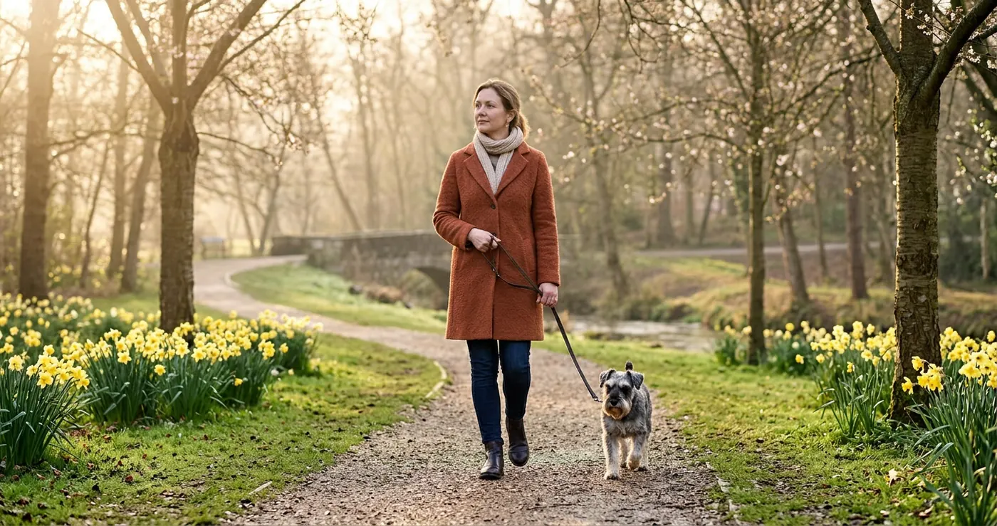A person walking a dog in a park on a quiet morning, calm and pensive, lost in thought